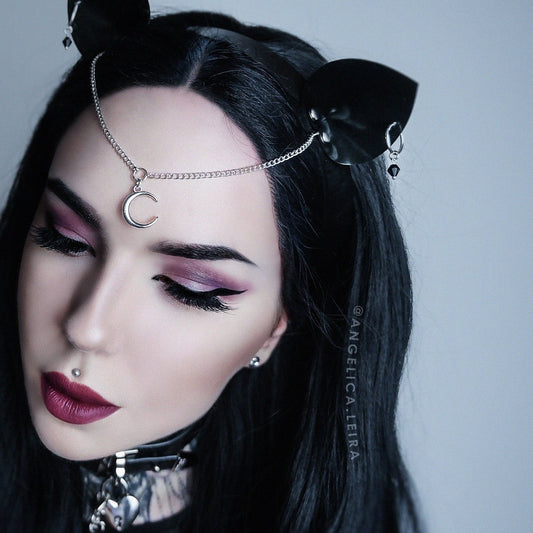 Gothic cat ear headband with pierced ears, black glass beads, and a chain headpiece.